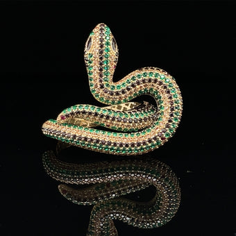 10K Yellow Gold Slither Snake Ring Alligator Jesus green and black