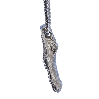 Alligator Jesus Head Silver Pendant with Diamond Eyes