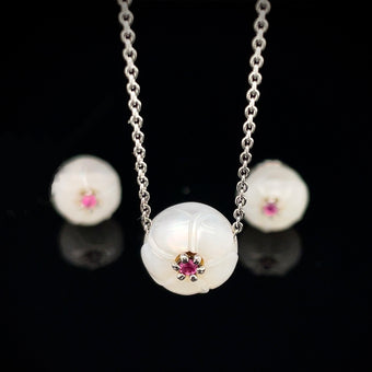 Pearl & Ruby Plumeria Earring & Pendant Set by Alligator Jesus