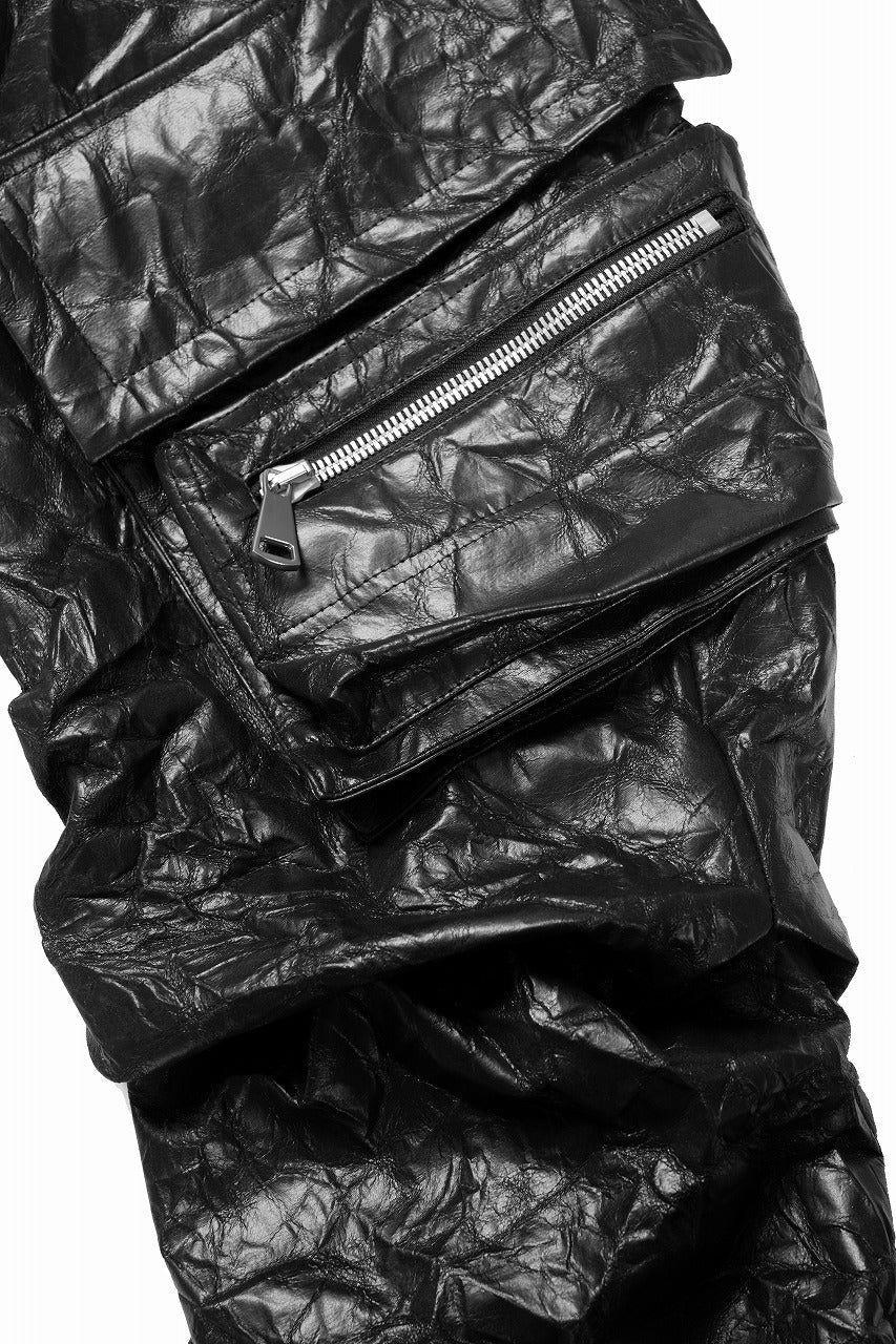 TUCK CARGO PANTS / WASHER SYNTHETIC LEATHER (BLACK)