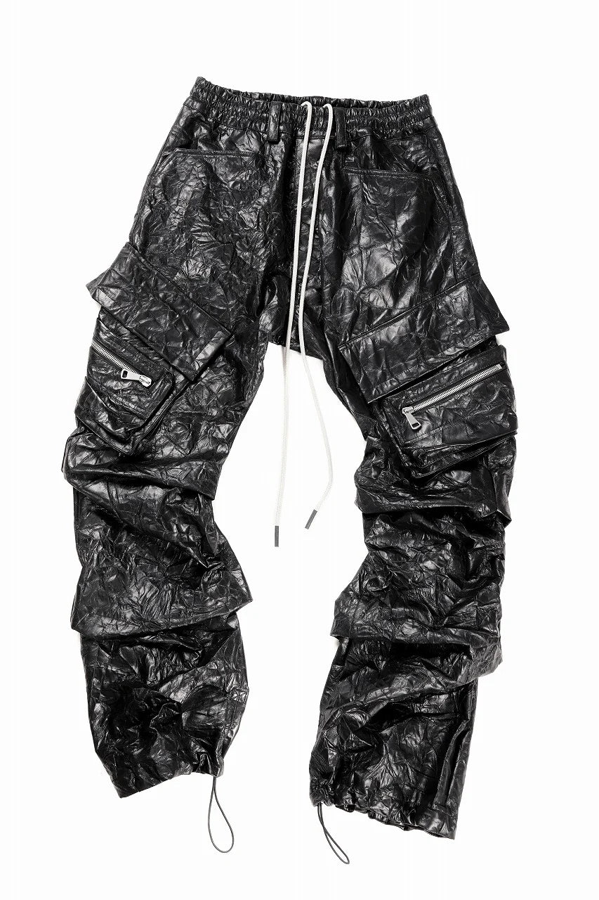 TUCK CARGO PANTS / WASHER SYNTHETIC LEATHER (BLACK)