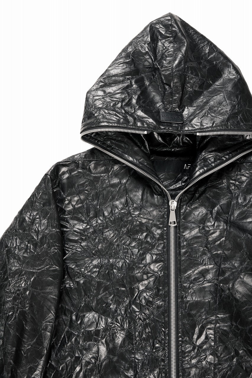HOODED ZIPPER BLOUSON / WASHER SYNTHETIC LEATHER (BLACK)