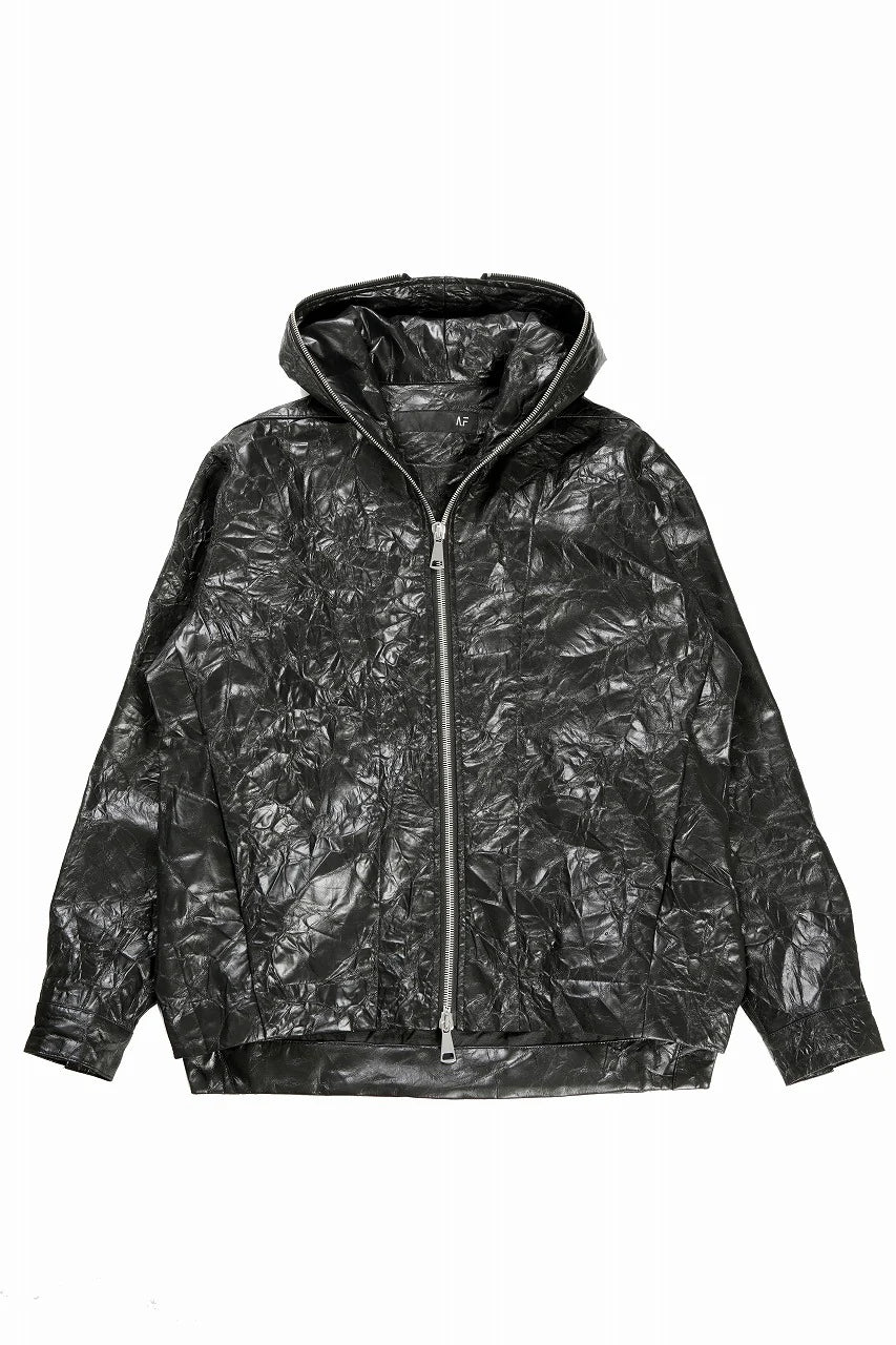 HOODED ZIPPER BLOUSON / WASHER SYNTHETIC LEATHER (BLACK)