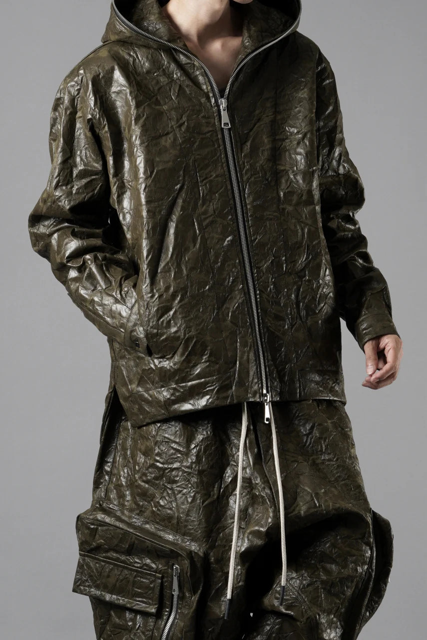 HOODED ZIPPER BLOUSON / WASHER SYNTHETIC LEATHER (KHAKI)