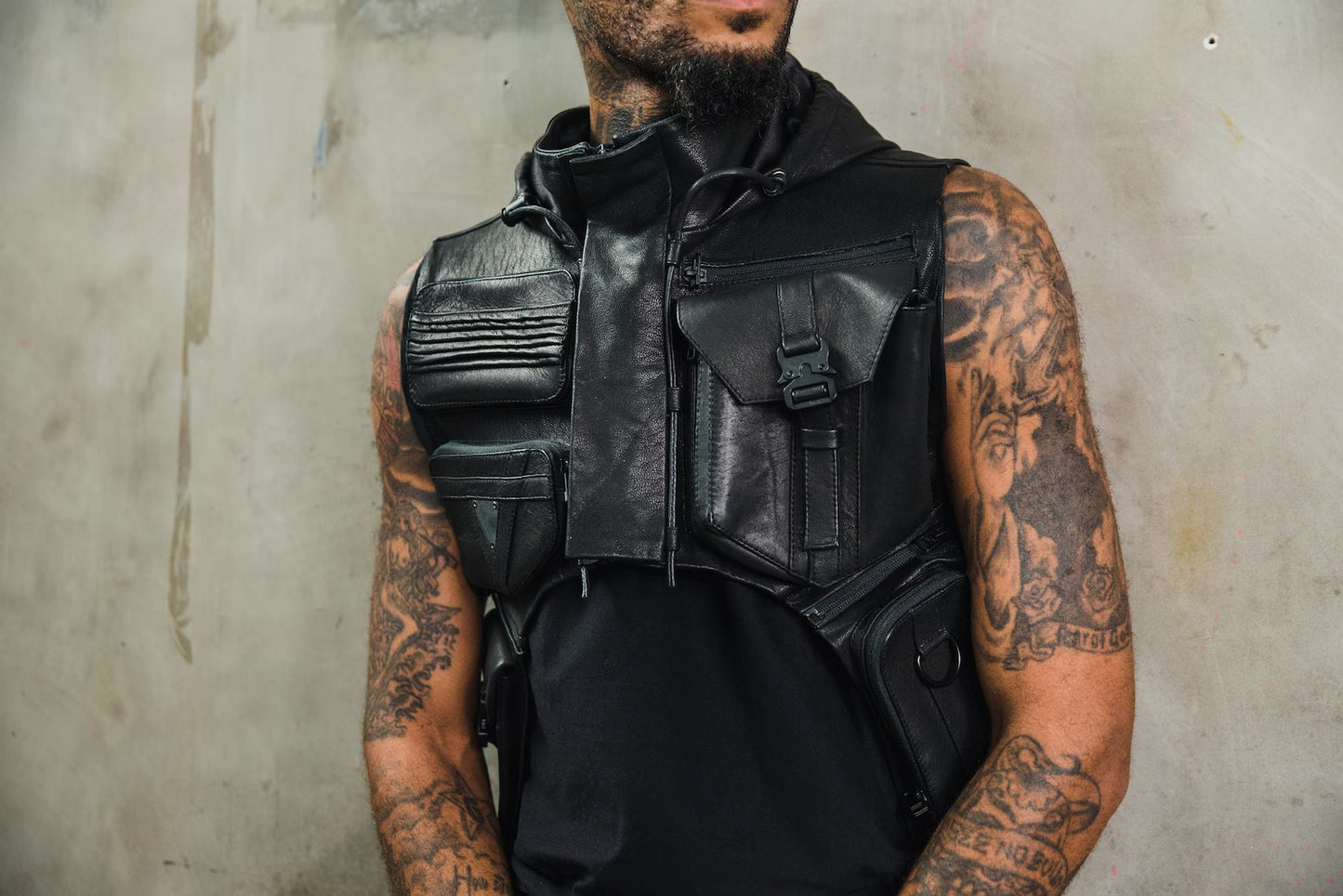 Tech9 Leather Hood with Shoulder Holsters  Vest