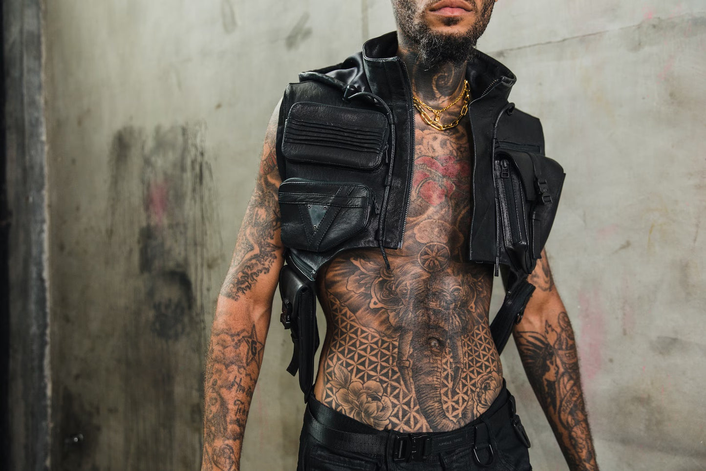 Tech9 Leather Hood with Shoulder Holsters  Vest