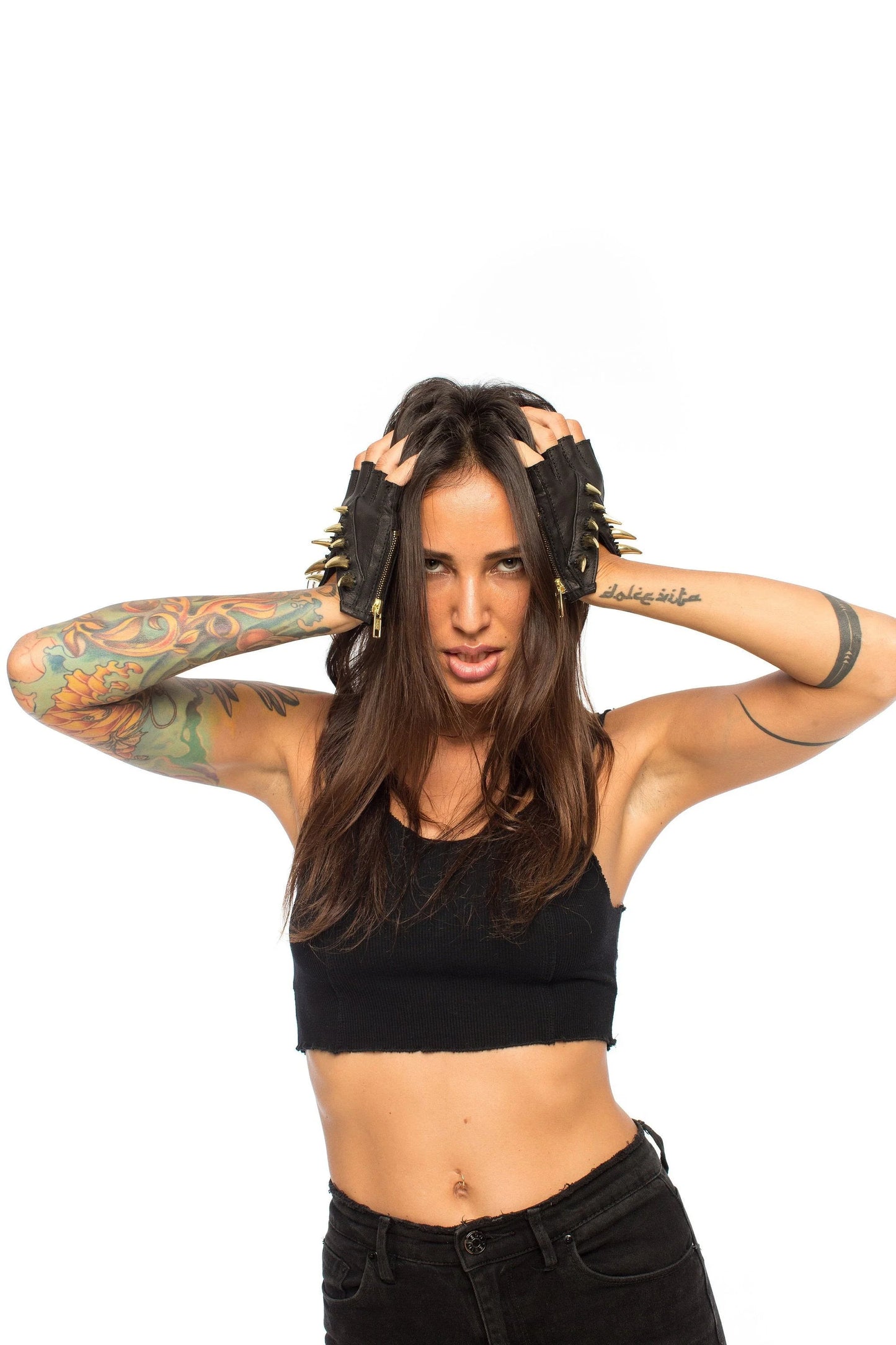 Gold Saber Spike Unisex Leather Gloves