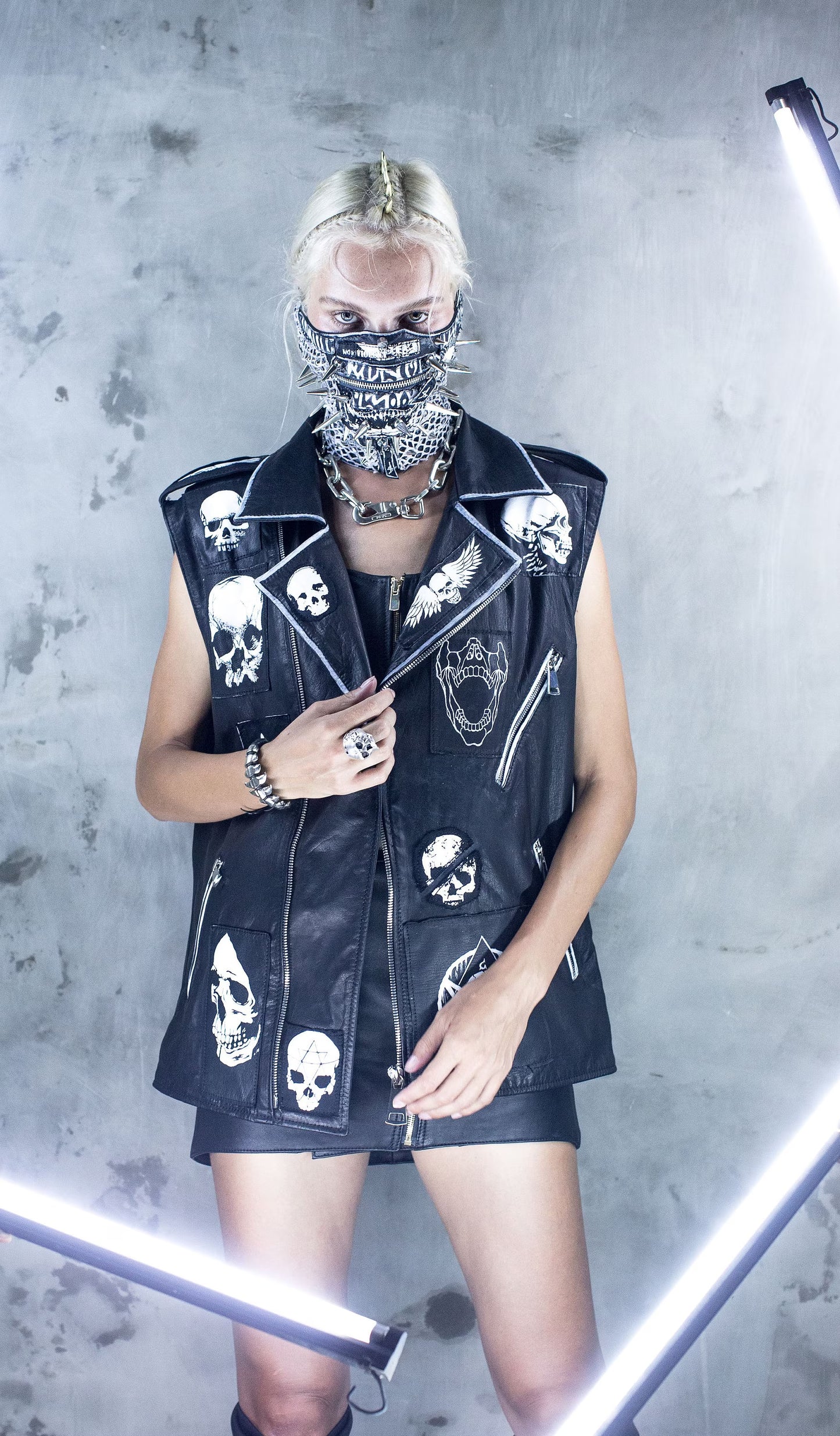 Black and White Punk Skull Biker Vest