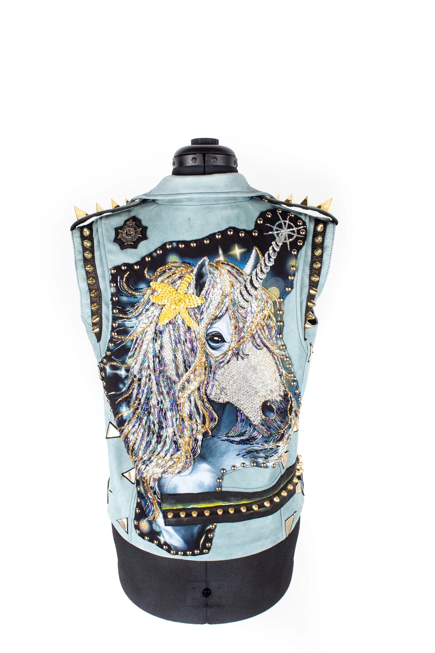 Gold Unicorn Love Blue Leather Biker Jacket