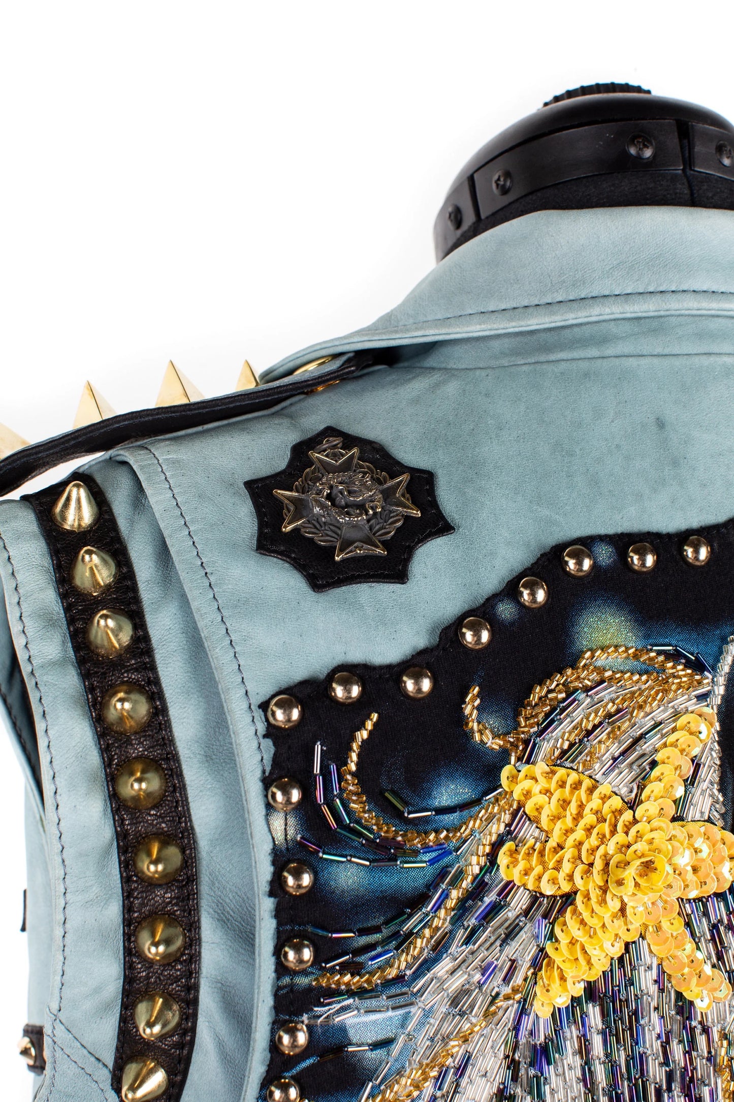 Gold Unicorn Love Blue Leather Biker Jacket