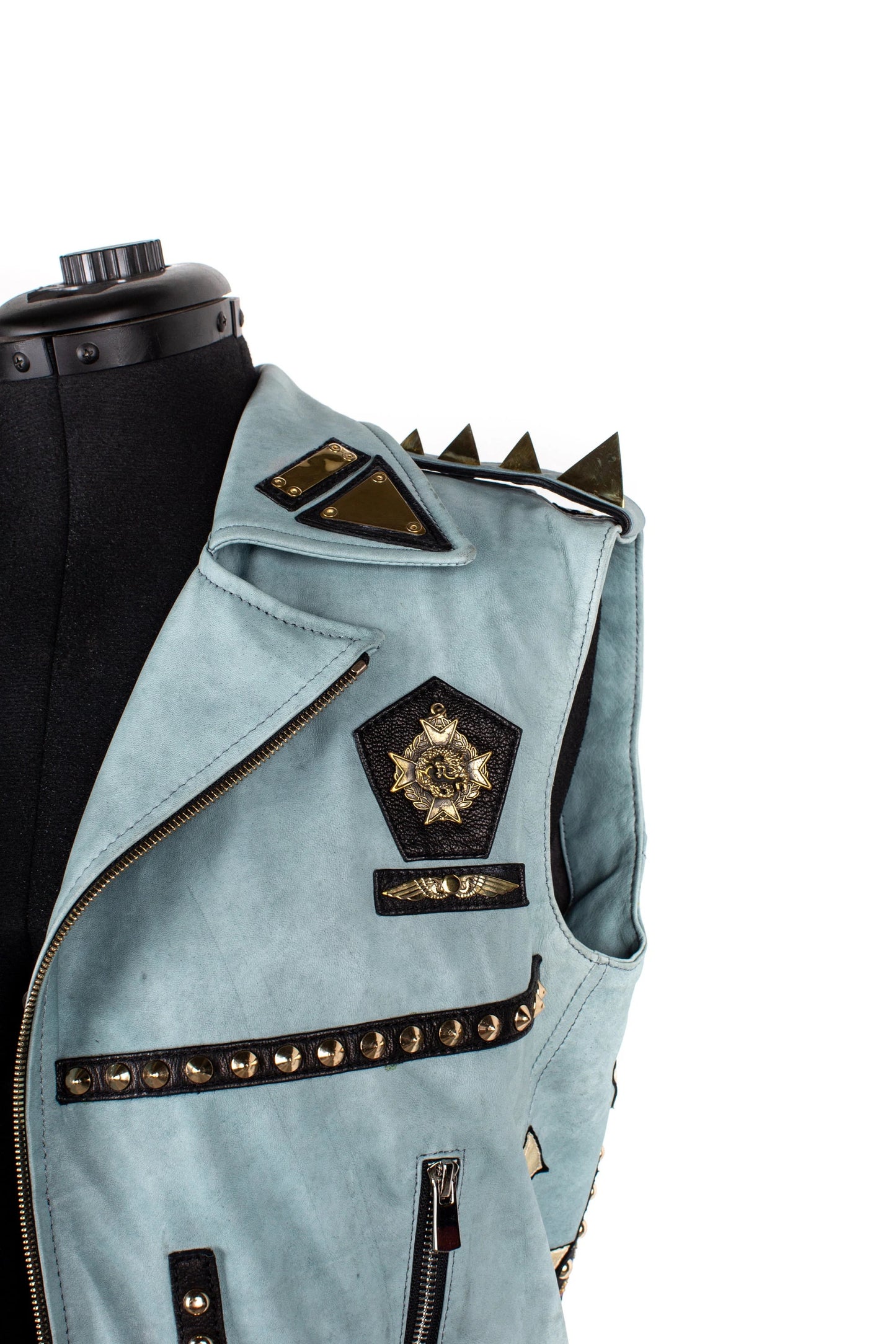 Gold Unicorn Love Blue Leather Biker Jacket