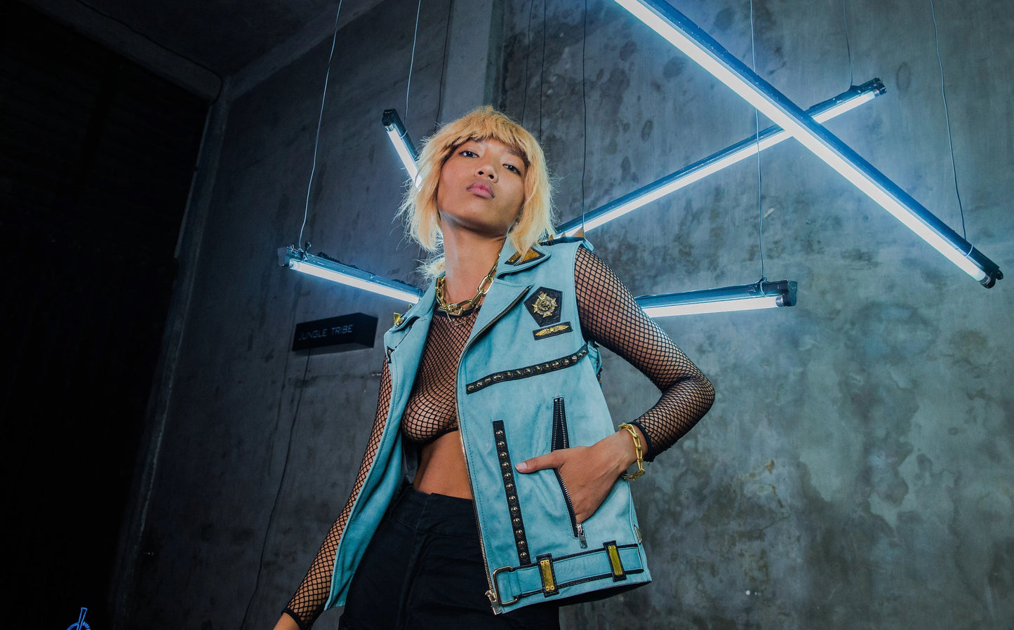 Gold Unicorn Love Blue Leather Biker Jacket
