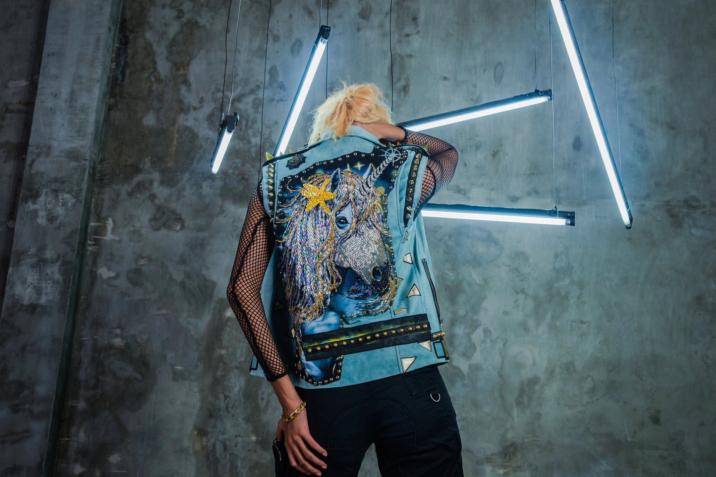 Gold Unicorn Love Blue Leather Biker Jacket