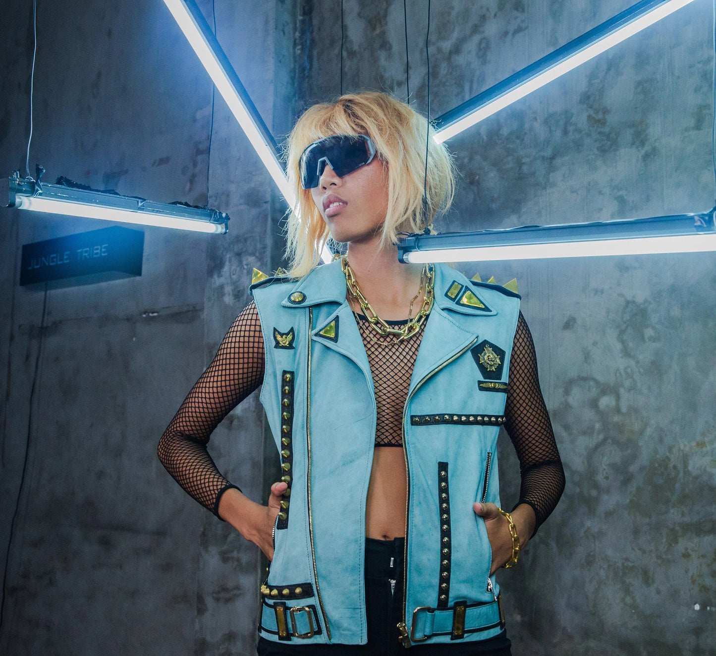 Gold Unicorn Love Blue Leather Biker Jacket