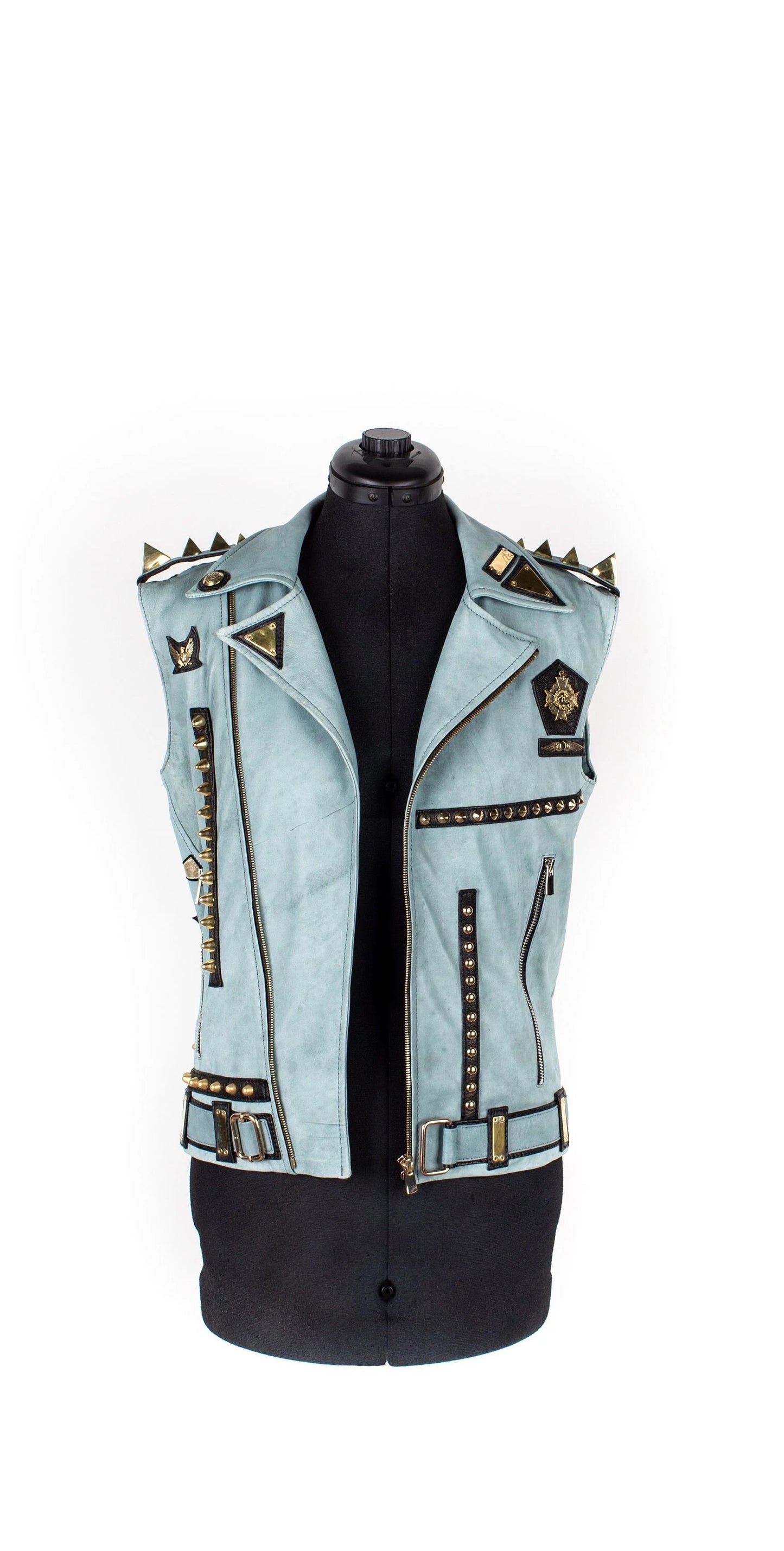 Gold Unicorn Love Blue Leather Biker Jacket