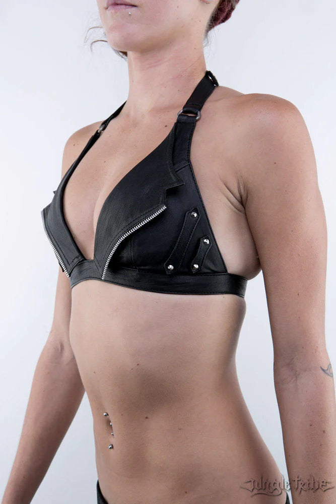 NIGHT RIDER Black Leather Halter Top Bra