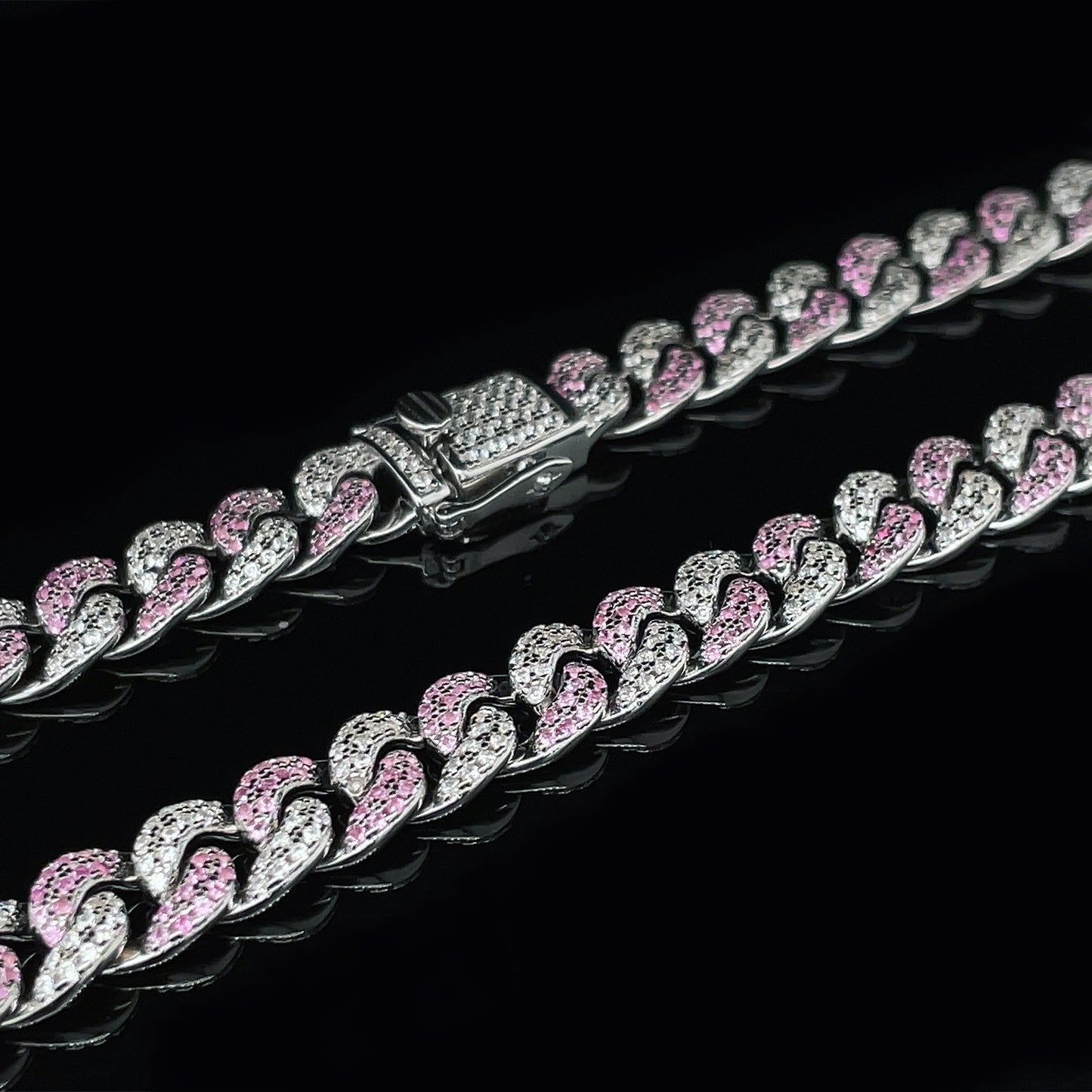 Icy Miami Curb Chain in Sterling Silver w/ Pink CZ 8mm