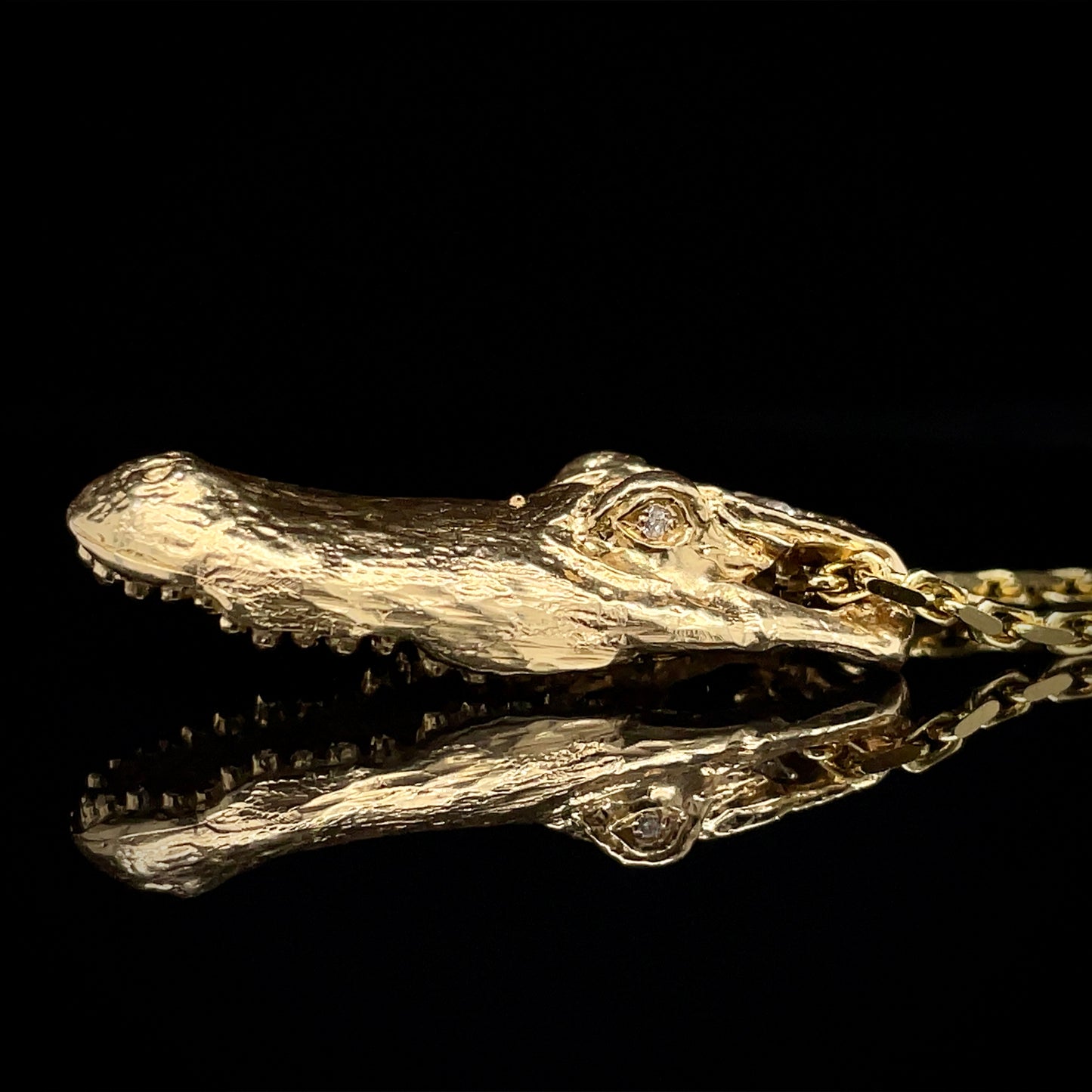 Alligator Jesus Gator Head Gold Pendant with Diamond Eyes and Crystal