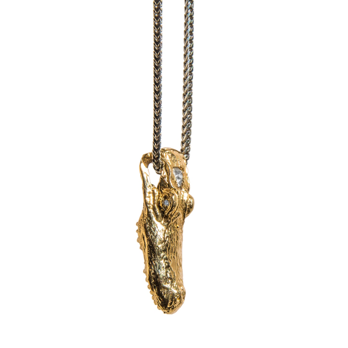 Alligator Jesus Gator Head Gold Pendant with Diamond Eyes and Crystal