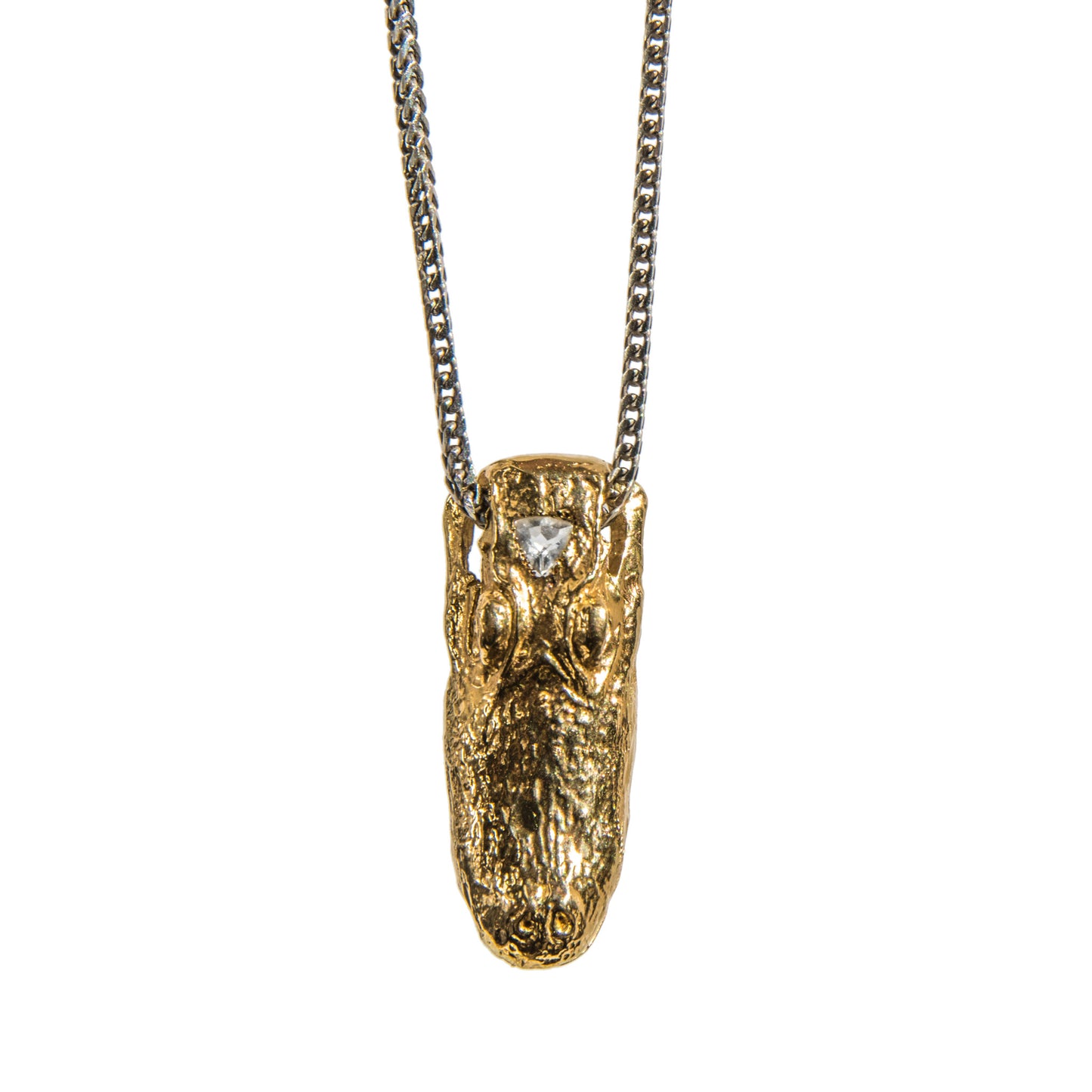 Alligator Jesus Gator Head Gold Pendant with Diamond Eyes and Crystal