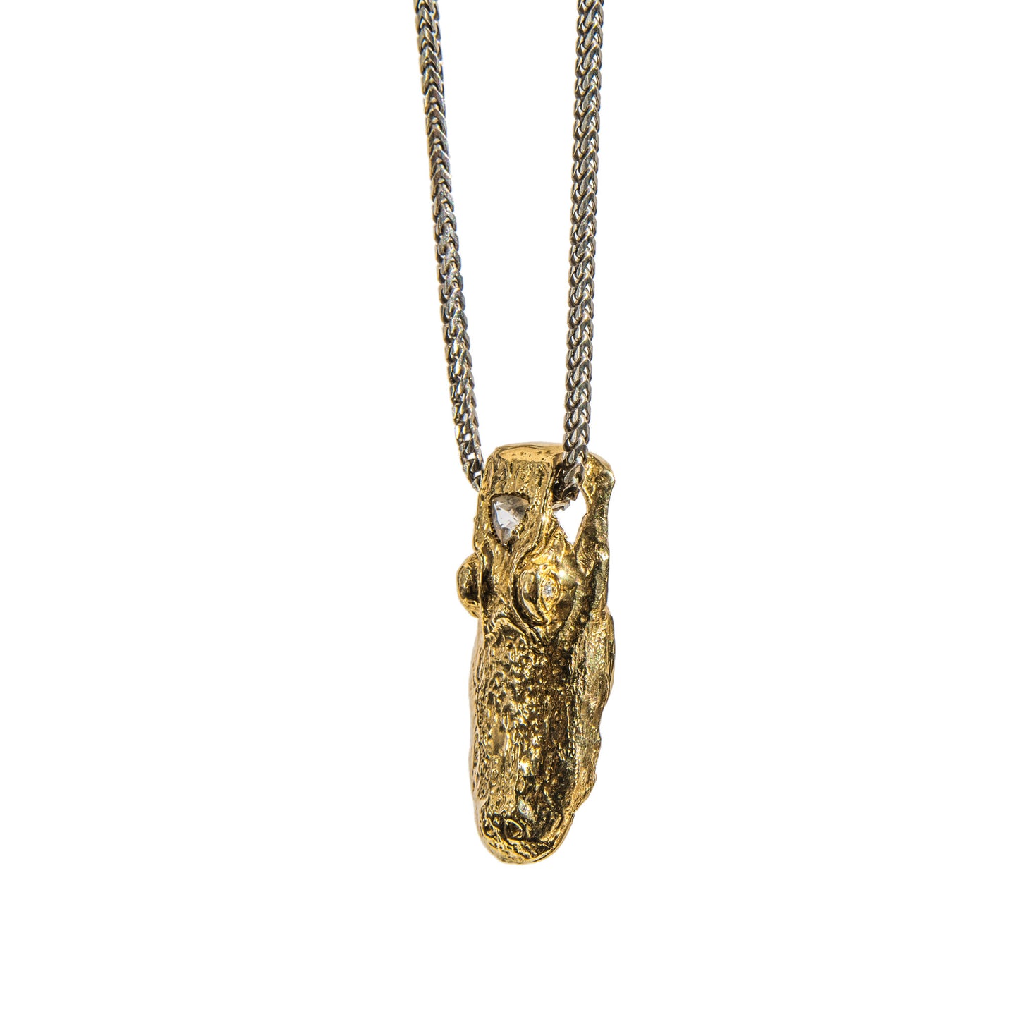 Alligator Jesus Gator Head Gold Pendant with Diamond Eyes and Crystal