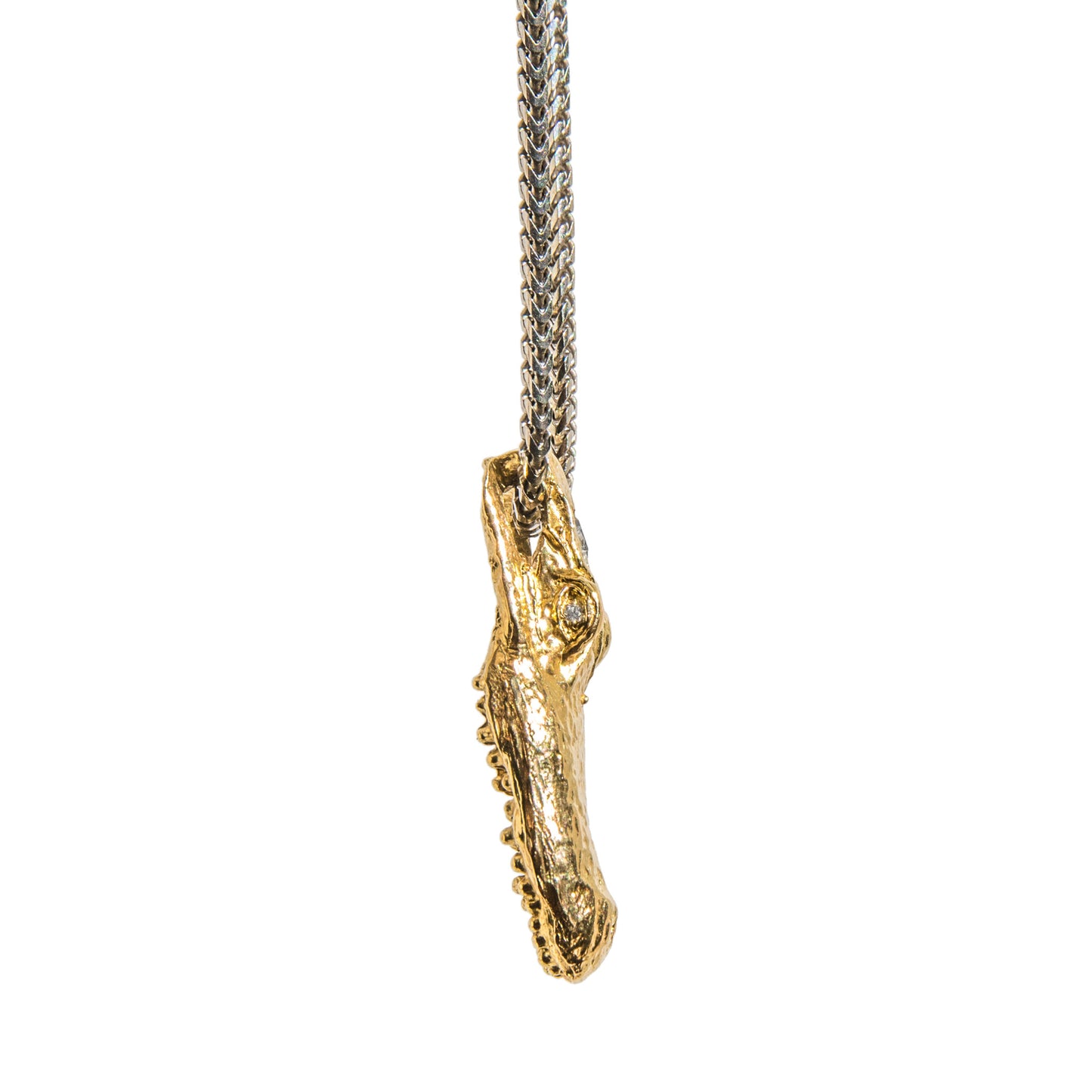 Alligator Jesus Gator Head Gold Pendant with Diamond Eyes and Crystal
