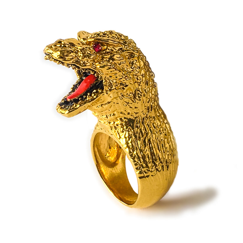18k Gold Godzilla Ring with Ruby Eyes