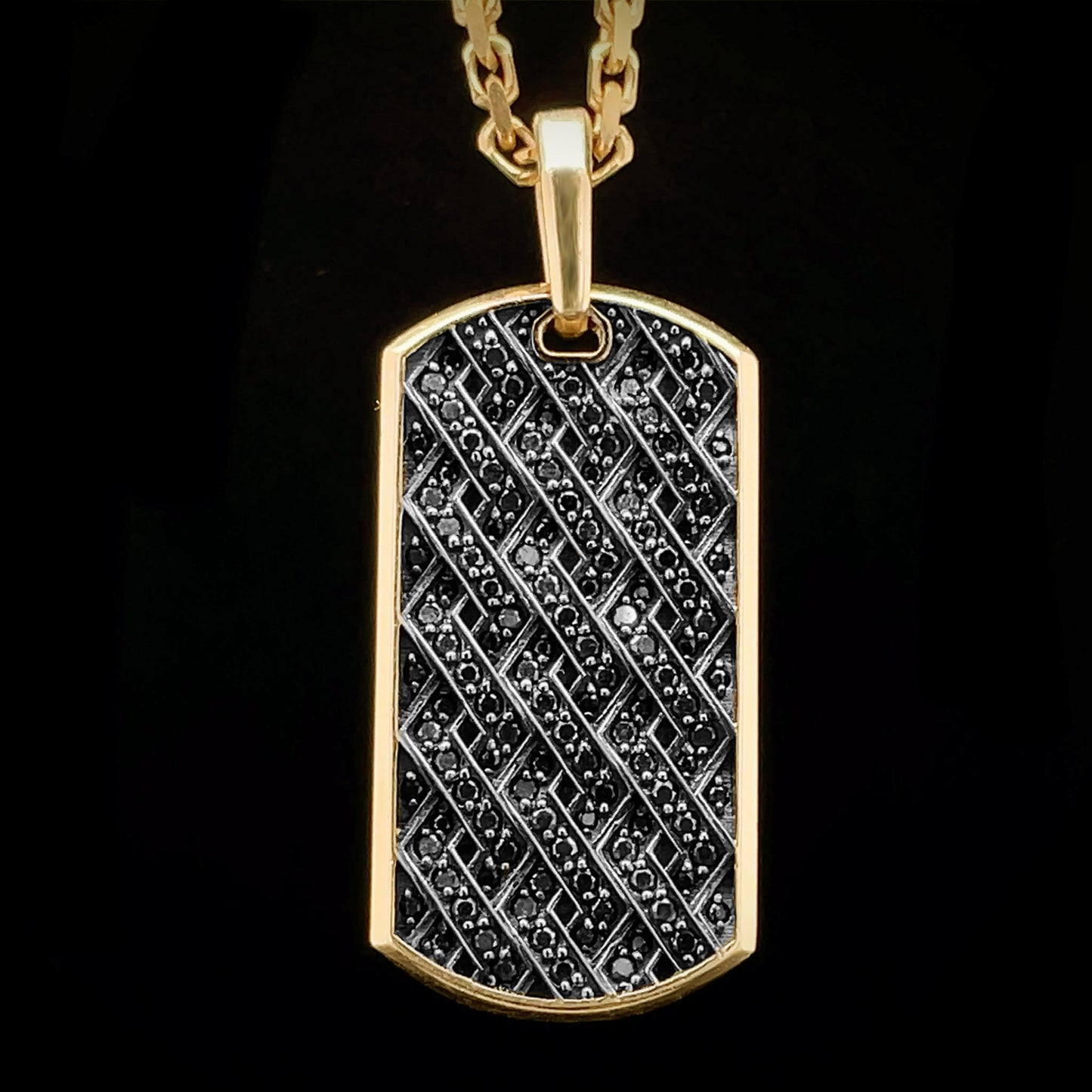 14K Gold Black Diamond Pave Dog Tag Pendant