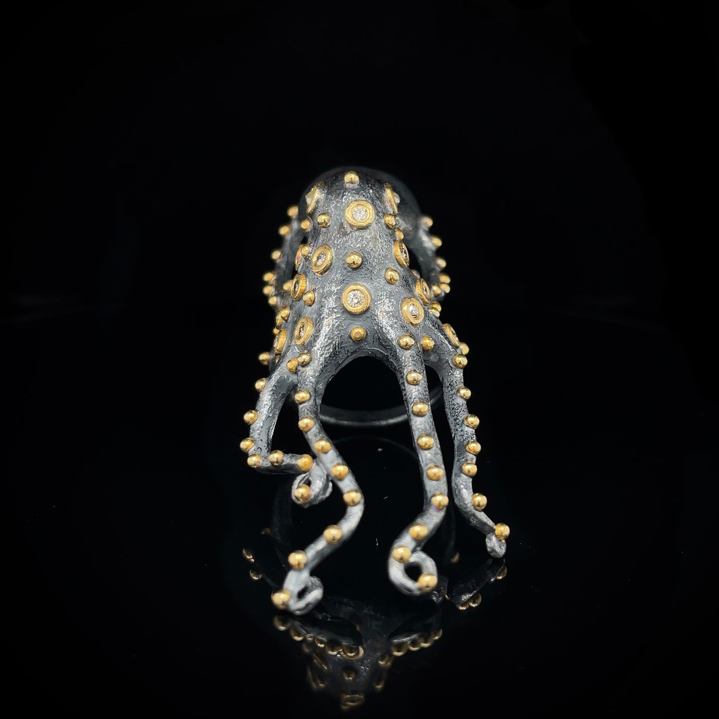 24K Gold & Silver Diamond Octopus Ring