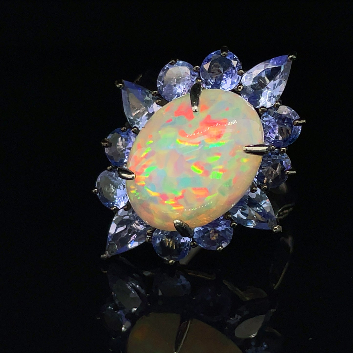 Pale Blue Sapphire & Opal Flower Ring