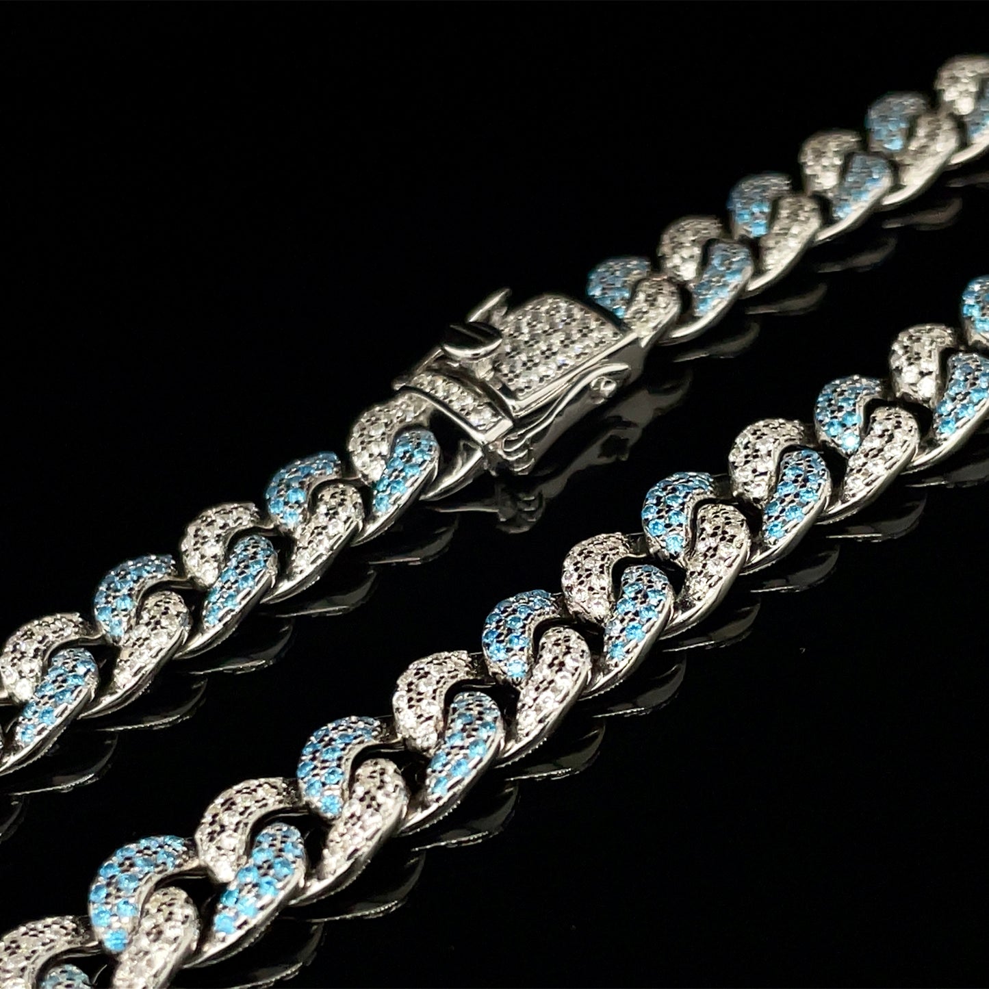 Icy Miami Curb Chain in Sterling Silver w/ Blue CZ 8mm