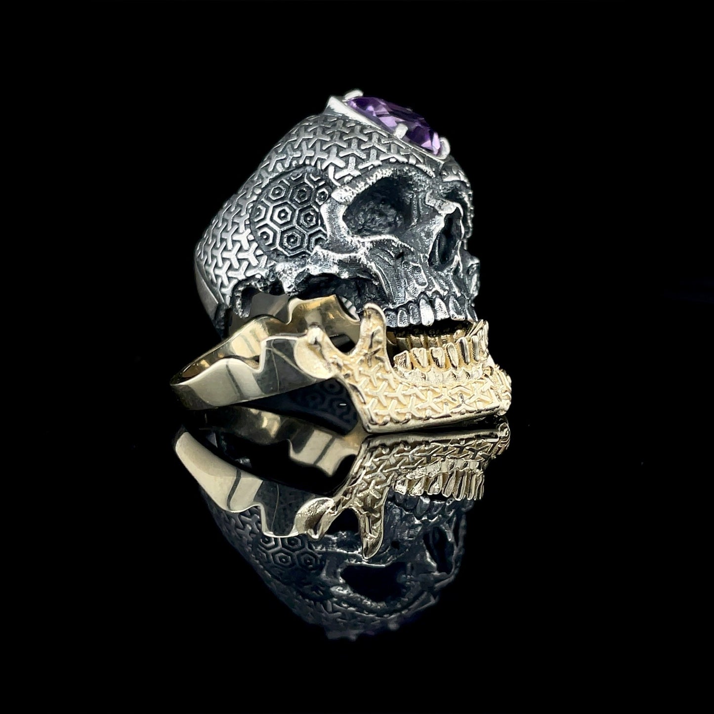 Cosmic Skull Ring With Amethyst and 10K Stackable Gold Jaw