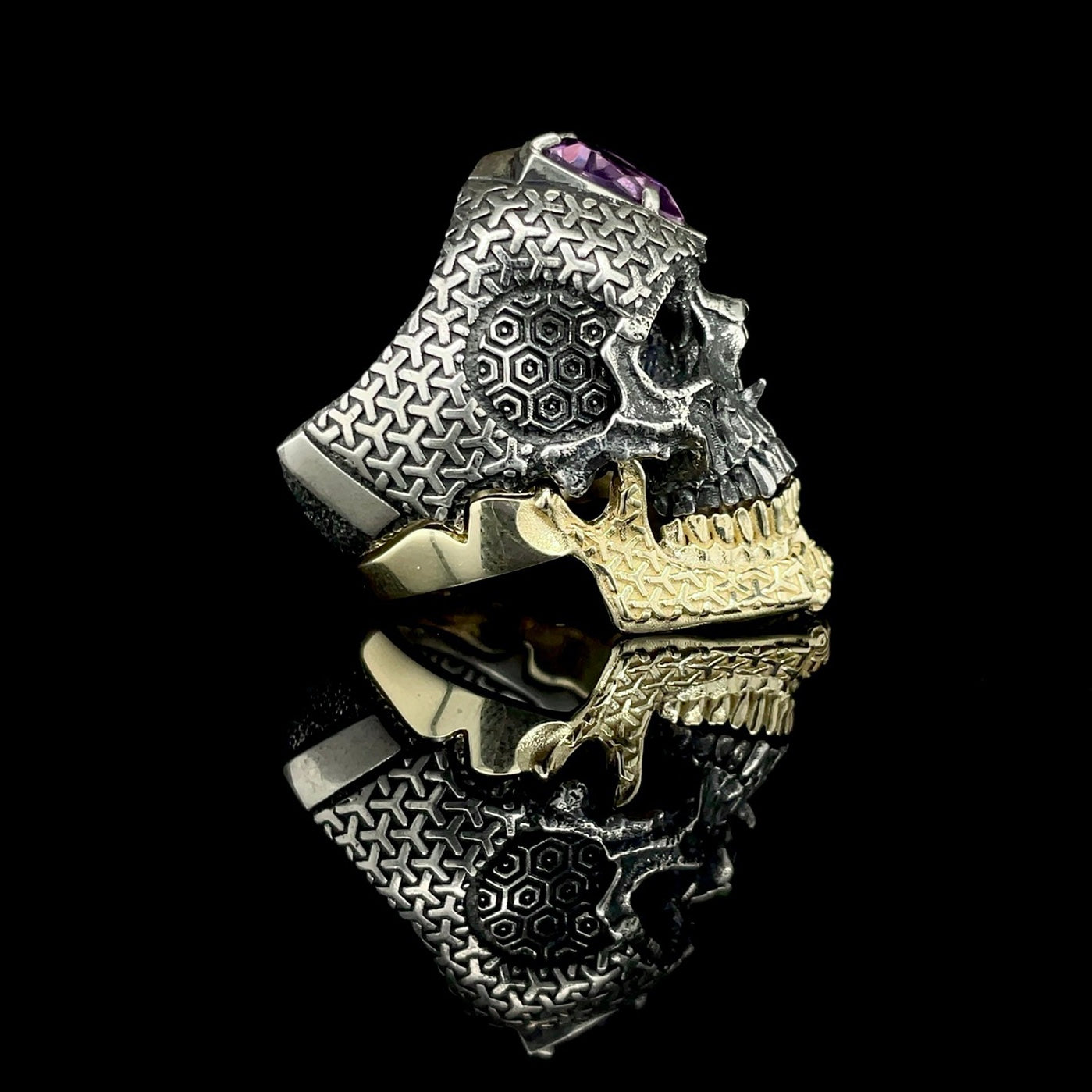 Cosmic Skull Ring With Amethyst and 10K Stackable Gold Jaw