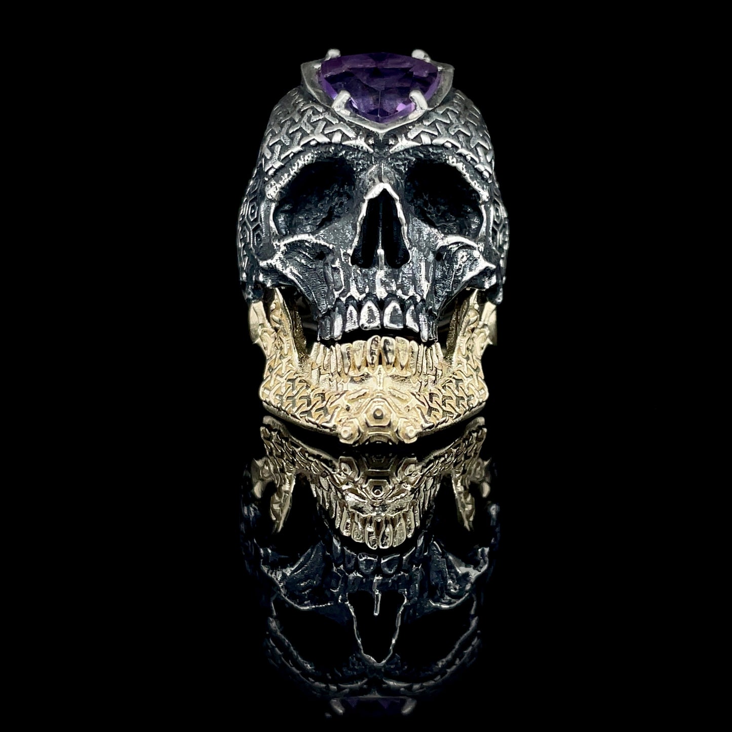 Cosmic Skull Ring With Amethyst and 10K Stackable Gold Jaw