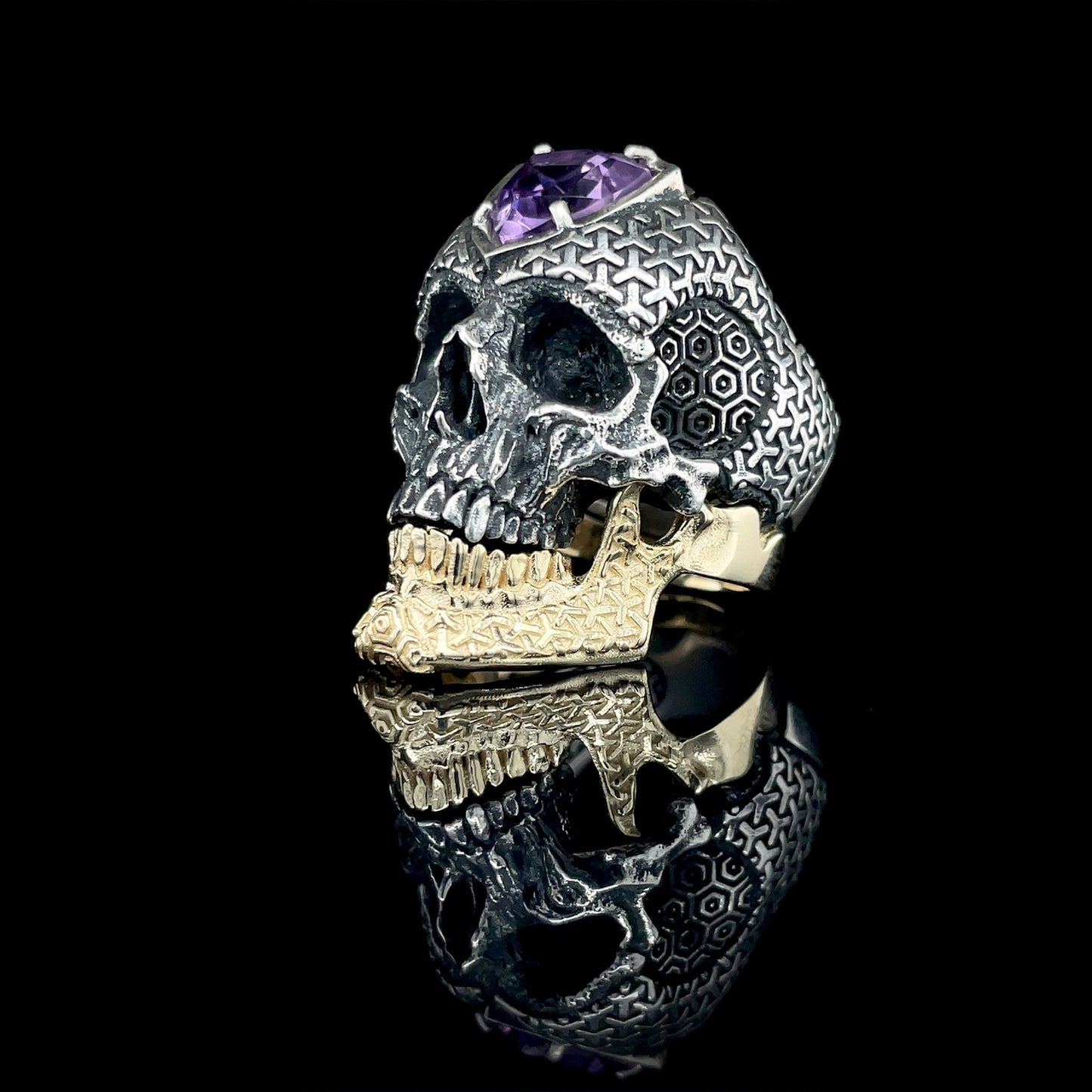 Cosmic Skull Ring With Amethyst and 10K Stackable Gold Jaw