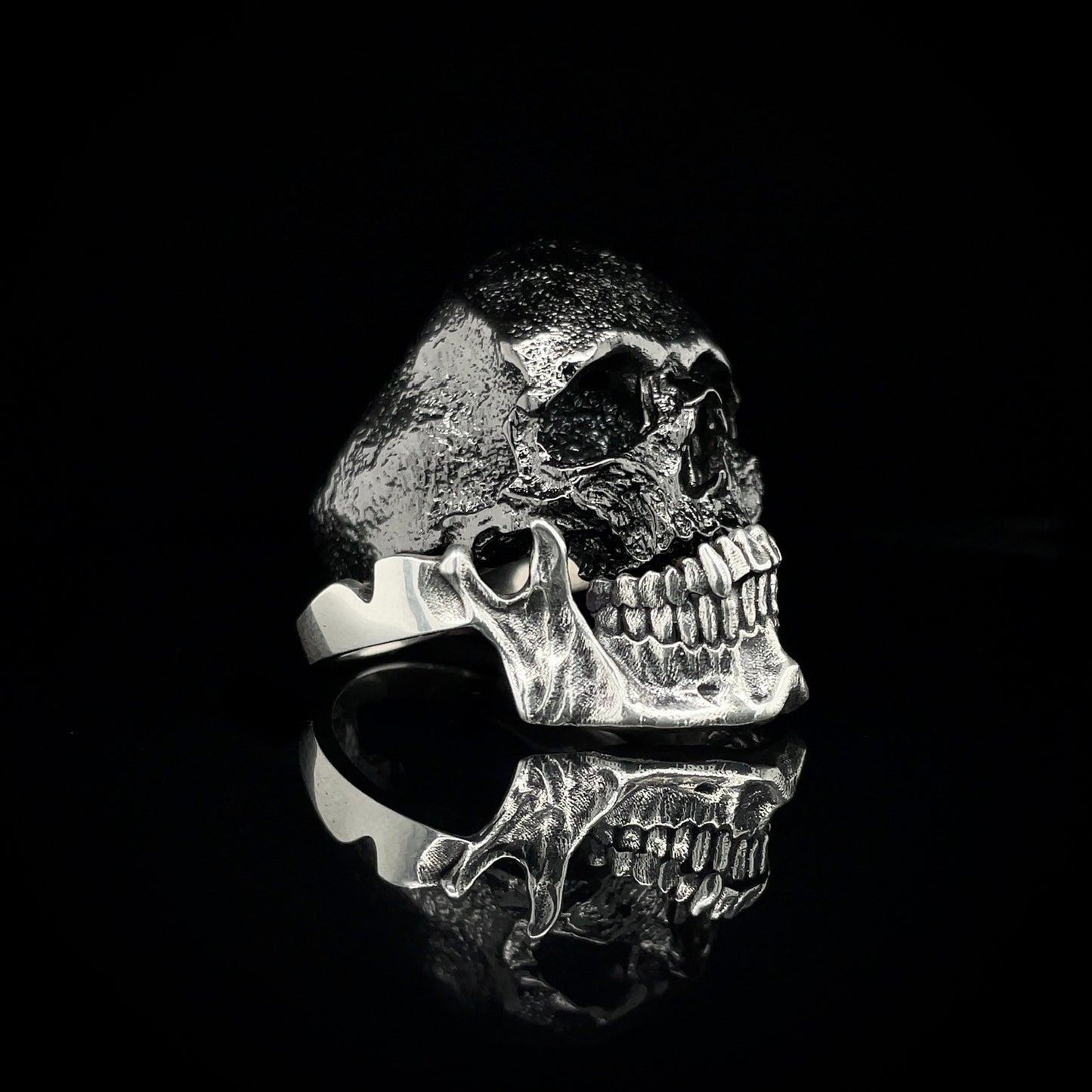 Black Guardian Skull Ring with Stackable Silver Jaw
