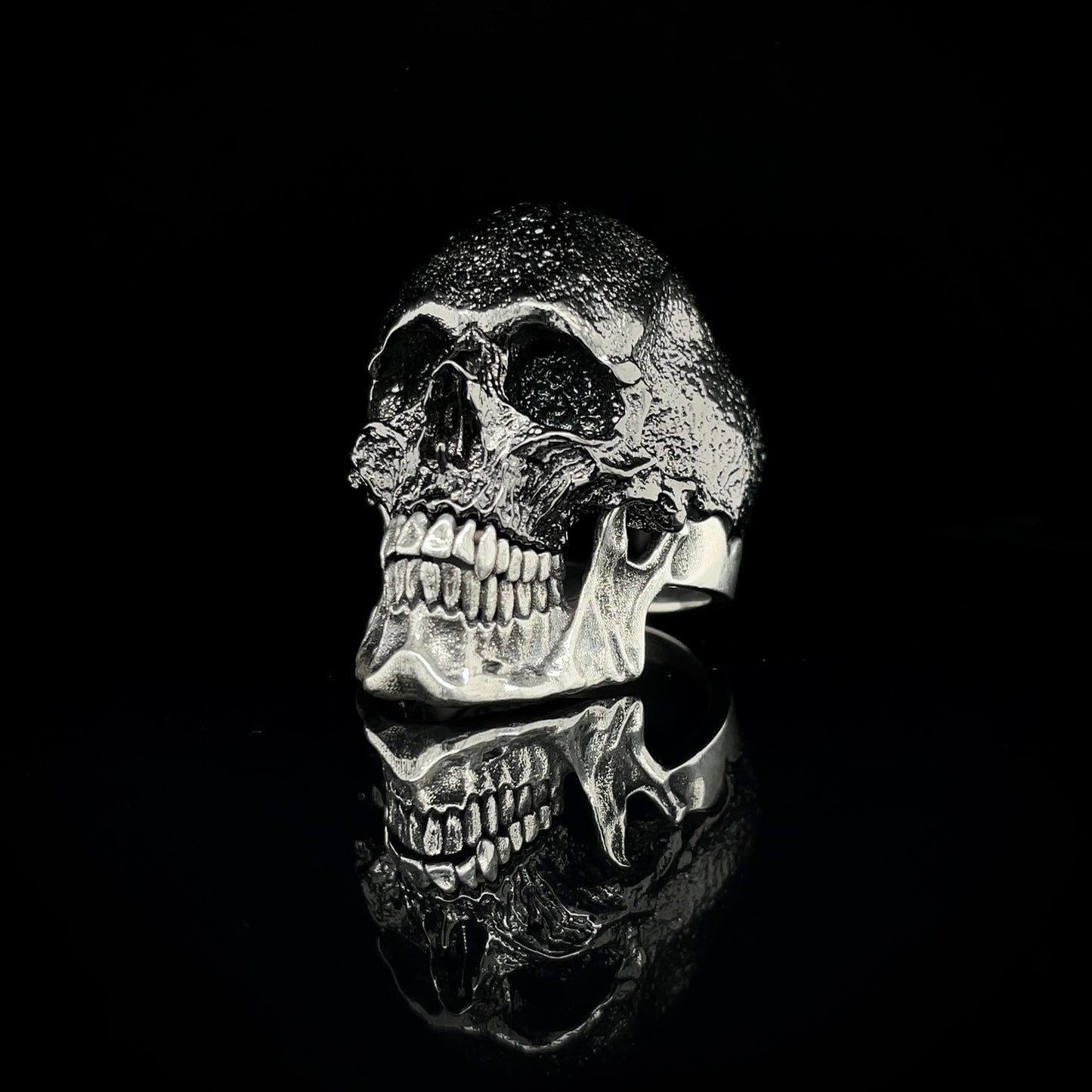Black Guardian Skull Ring with Stackable Silver Jaw