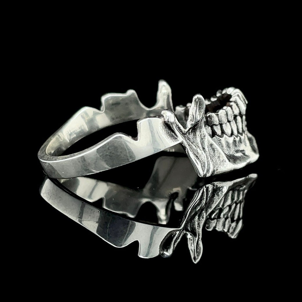 Black Guardian Skull Ring with Stackable Silver Jaw