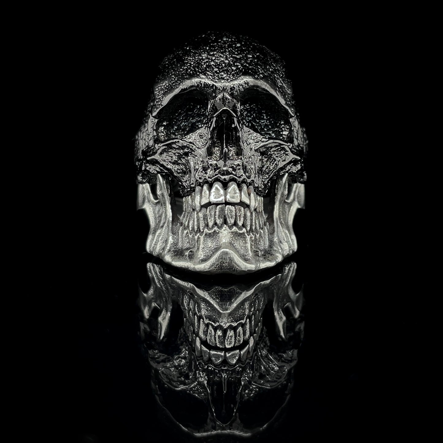 Black Guardian Skull Ring with Stackable Silver Jaw