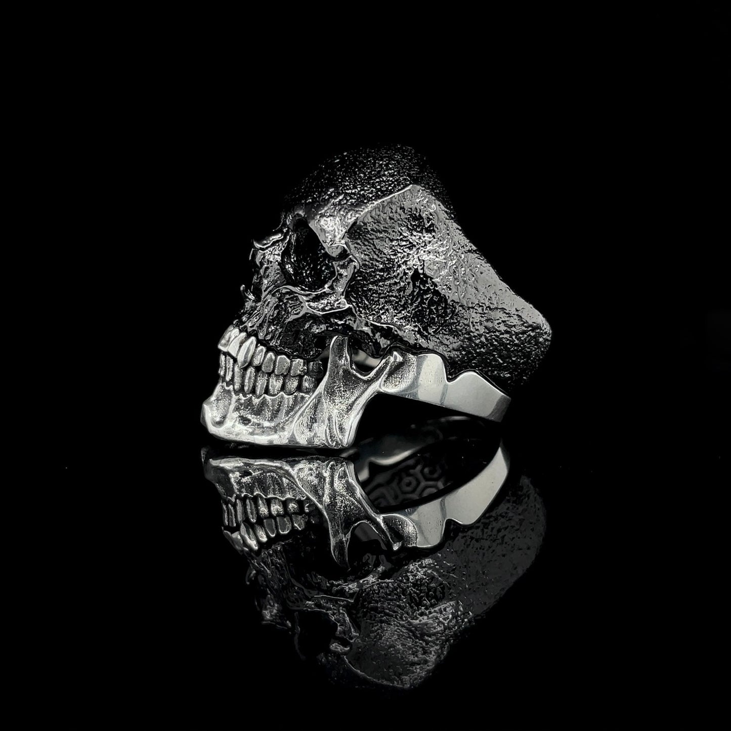 Black Guardian Skull Ring with Stackable Silver Jaw