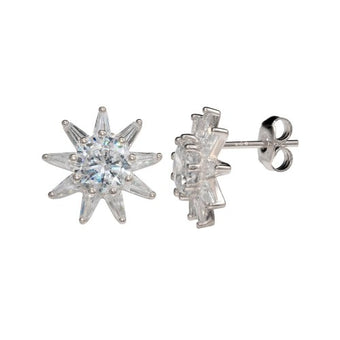 Diamond Sun Stud Earrings Silver